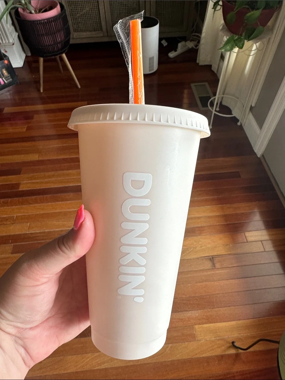 Parke Dunkin Cream  Cup with Pink Lettering and Orange Straw